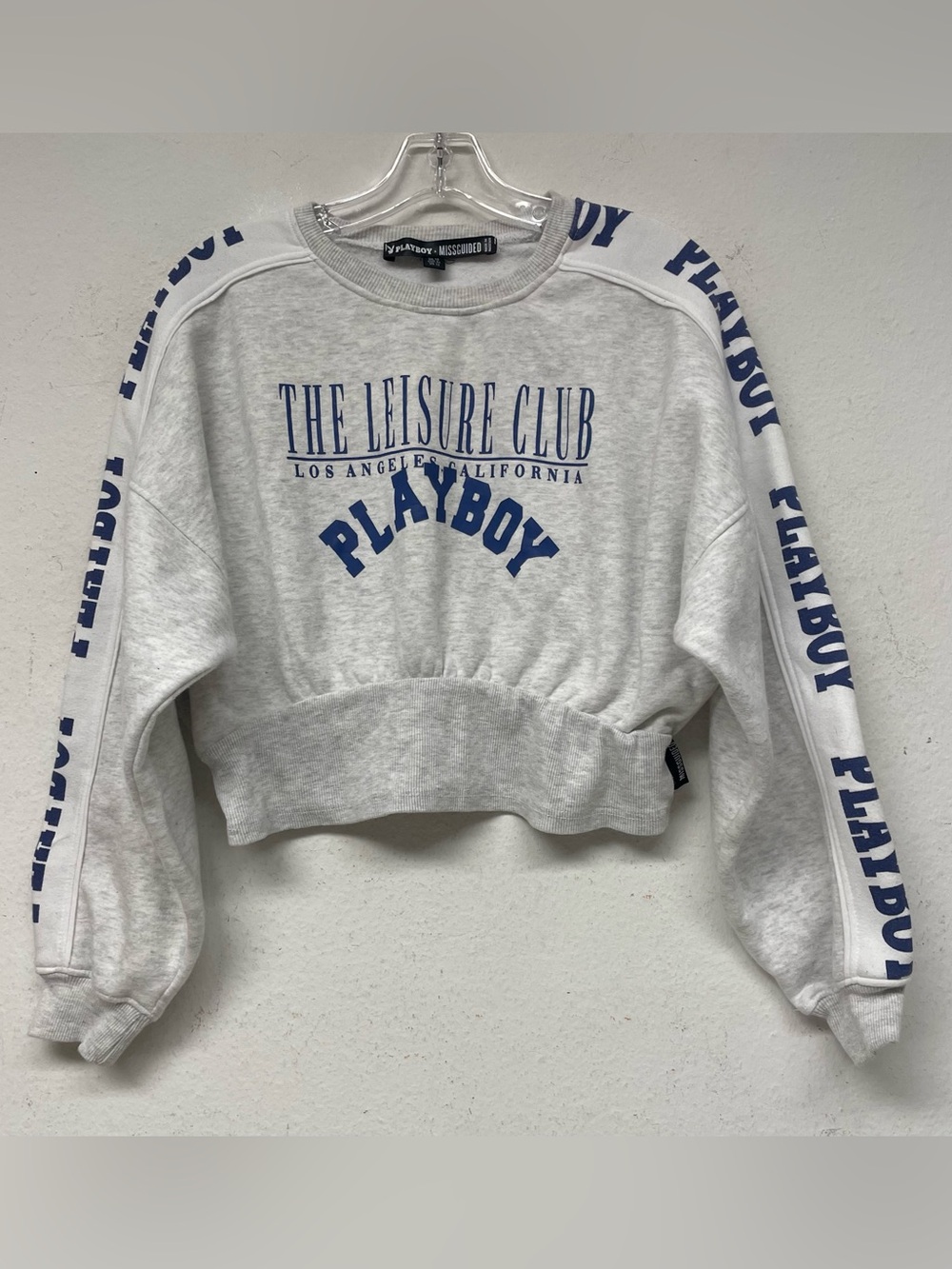 PLAYBOY Light Gray Cropped Crewneck Sweatshirt with Blue Logo M//12